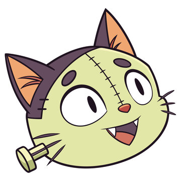 Cute cartoon frankenstein cat head with stitches and neck bolt in a fun doodle illustration style