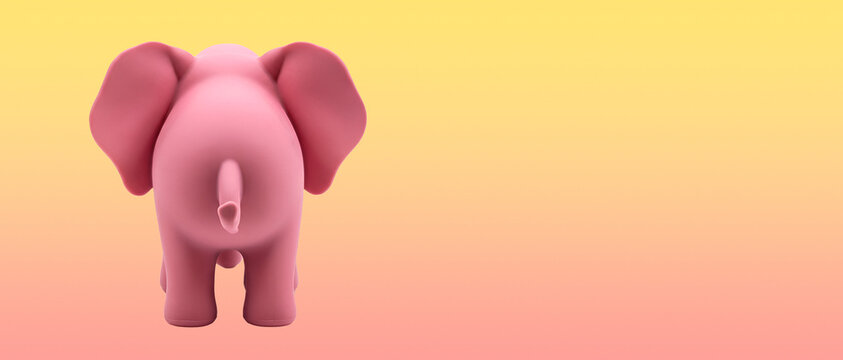 Piccolo elefante giocattolo visto da dietro in morbida plastica di colore rosa su uno sfondo giallo rosa vuoto con spazio per testi