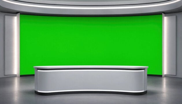 Modern virtual news studio set with a large green screen background for professional broadcast and video production projects