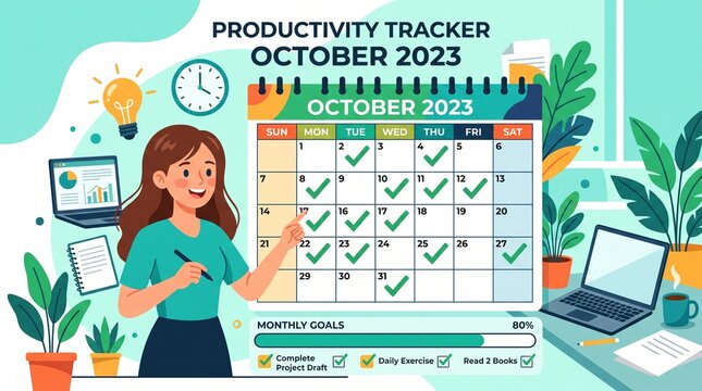 productivity tracker october 2023 calendar monthly planner habit tracker goal setting time management task manager schedule organizer work productivity daily schedule