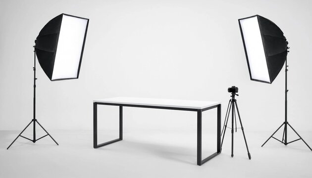 Professional photography studio setup with a modern empty table and bright softbox lighting equipment on a white background