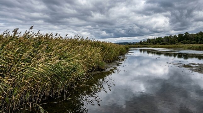 Stunning Natural Landscape Featuring Tall Reeds by a Calm River Under a Dramatic and Moody Cloudy Sky Reflection