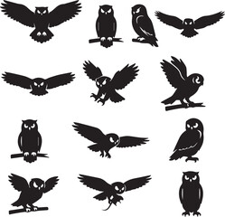 Naklejka premium Black Owl Silhouette Set Flying and Perched Vector Poses