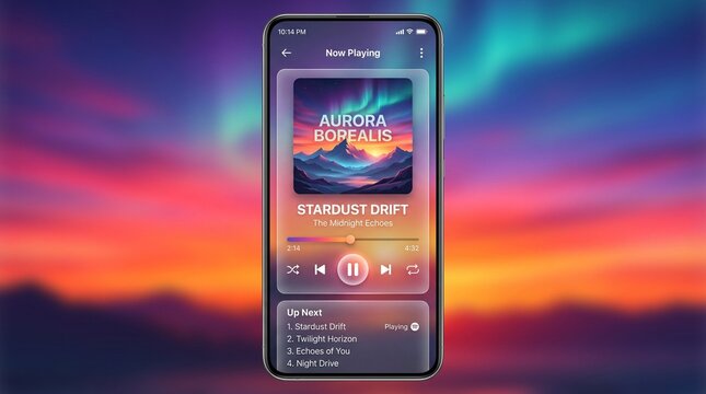music player app mobile ui design smartphone interface audio player ui aurora borealis theme northern lights background music streaming app song interface gradient design