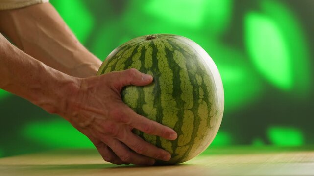 Man cutting watermelon - cut piece with knife. Young watermelons Citrullus lanatus. Topic - melons and gourds, farmer cultivation of watermelons