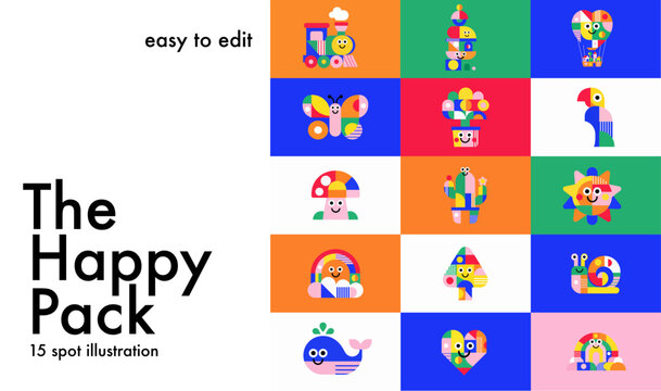 15 Happy Geometric Character Illustrations &ndash; Colorful Editable Vector Pack