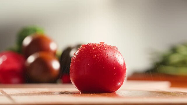 Chop tomato close up, Diced kumato tomatoes on a cutting board for Italian sauce, chef cut tomatoes with knife. 