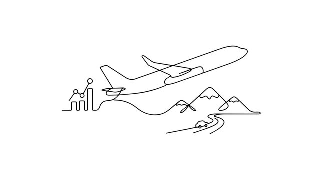 Travel fare comparison concept. Continuous line art of airplane flying over mountains with financial chart. Minimalist vector illustration