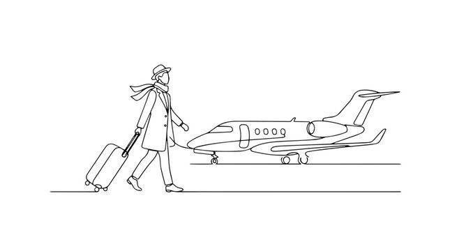 VIP airport service and luxury travel concept. Continuous line art of man walking to private jet with suitcase. Minimalist vector illustration