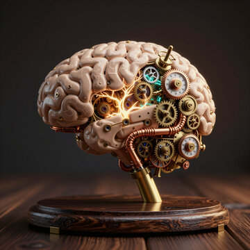 Steampunk Mechanical Brain with Clockwork Gears and Light