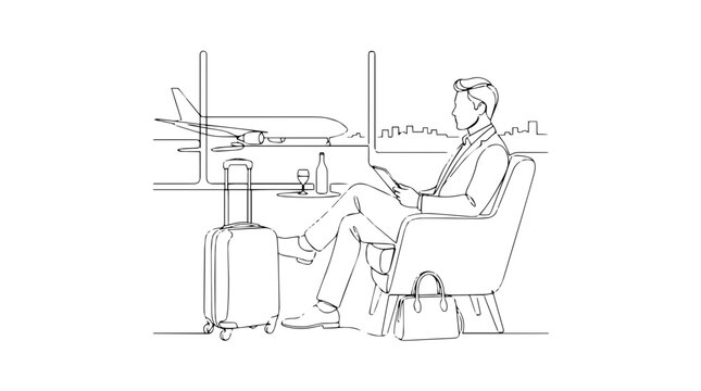 Businessman in airport lounge continuous line art. Minimalist single line vector illustration of business class travel concept. Executive flight waiting graphic design