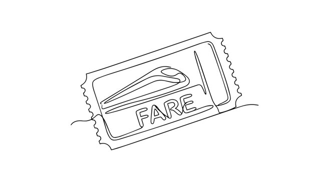 Train ticket and fare concept. Continuous line art illustration of railway transit pass. Minimalist vector graphic of public transportation cost
