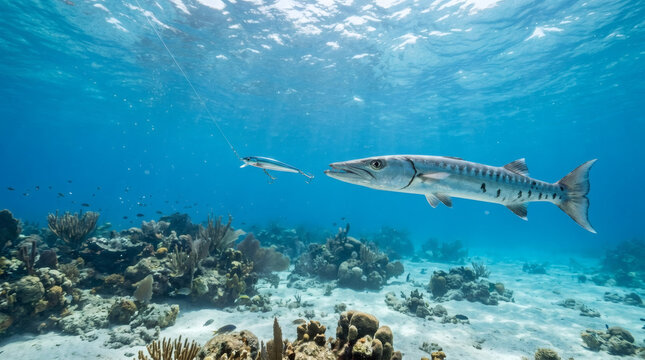 A barracuda swims near a reef with a smaller fish in the background, underwater scene