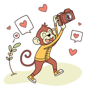 Cute monkey photographer taking pictures with vintage camera