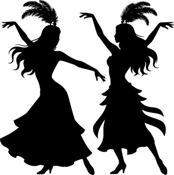 Black silhouettes of two cabaret showgirls in feathered headdresses and tiered dresses - design for carnival party invitations, dance studio posters, and retro theater flyers. Transparent EPS version.