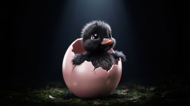 Black duckling hatching from a pink egg shell.
