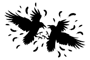 Naklejka premium Two ravens fighting in midair with feathers silhouette vector illustration