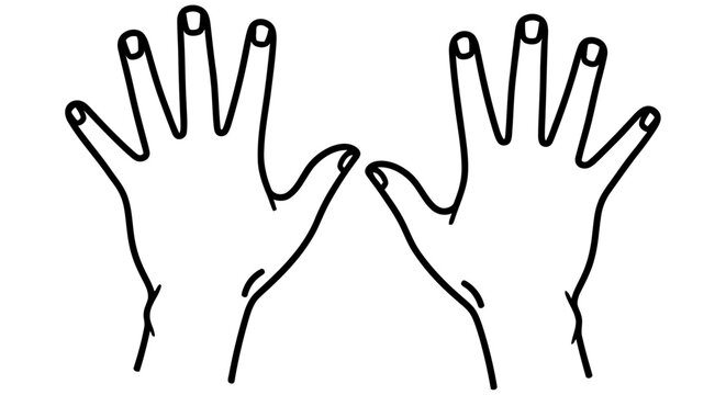 Two hands with outstretched fingers black line drawing on white background