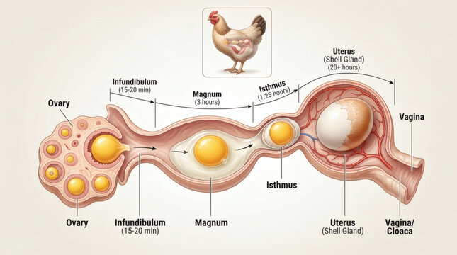 Diagram illustrating the reproductive system of a hen and the formation of an egg