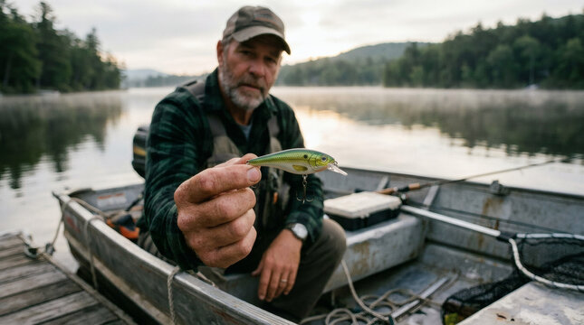 A bearded man in a boat holds up a fishing lure, ready for a day on the lake. The serene water and trees in the background create a peaceful atmosphere for his hobby