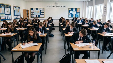 Fototapeta premium Students in school uniform taking a formal gcse exam in a quiet classroom setting