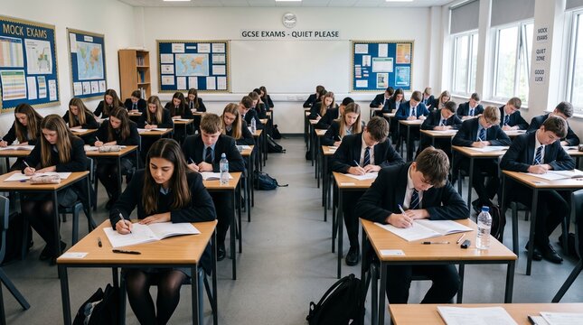 Students in school uniform taking a formal gcse exam in a quiet classroom setting