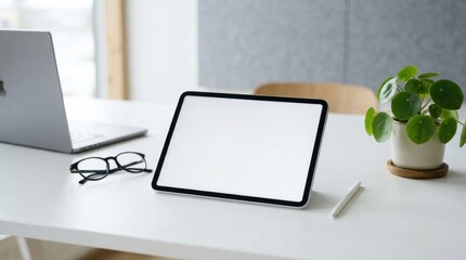 Fototapeta premium Blank tablet screen on white desk with office accessories.