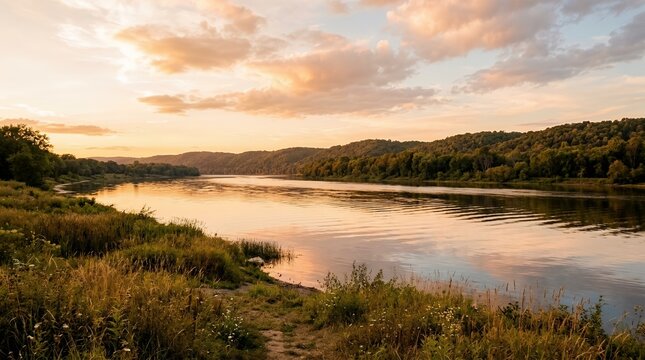 Serene River Sunset Landscape with Lush Green Forest Hills and Golden Cloudy Sky Reflection on the Calm Water