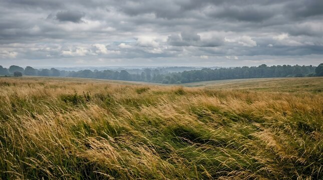 Vast golden field of wild grass blowing in the wind under a dramatic overcast sky with dark storm clouds in nature