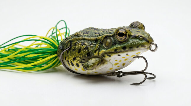 A realistic frog lure with a hook, designed for fishing. The lure has green and yellow accents and is highly detailed, mimicking a real amphibian