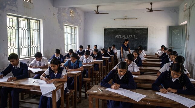 Students taking an annual exam in a classroom in india