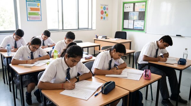 Diverse high school students in uniform studying and writing in their notebooks inside a bright classroom during a lesson