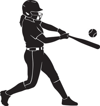Female softball player silhouette swinging bat at ball with detailed uniform and helmet gear.