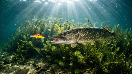 Fototapeta premium An underwater shot of a large pike fish swimming near a fishing lure amongst aquatic plants, with sun rays filtering through the water
