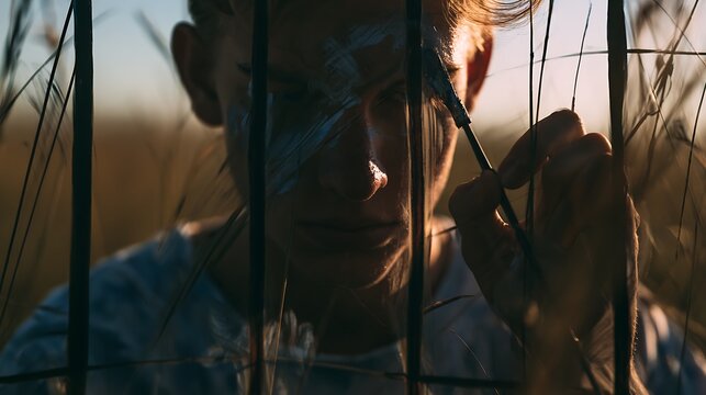 402. A psychological art piece exploring the 'Victim Complex'. A person sitting in a completely open, sunlit meadow, but meticulously painting dark iron bars onto a glass sheet in front of their 