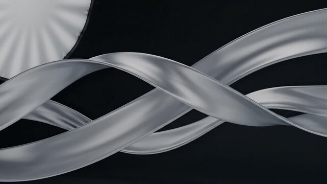 Modern abstract 3D background with flowing silver metallic ribbons on dark backdrop