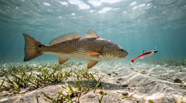 A large red drum fish swims in shallow, clear water over a sandy bottom, approaching a small fishing lure. Underwater, aquatic plants dot the seabed, with sunlight filtering down from the surface