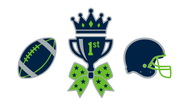 American Football Game Day Set with Helmet, Crowned Trophy, and Cheer Bow Vector Illustration