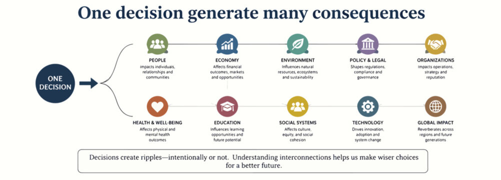 An educational infographic illustrating how a single initial decision can lead to many diverse long term consequences