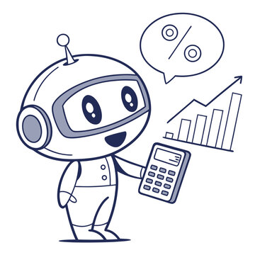 Friendly cartoon robot holding calculator with financial chart