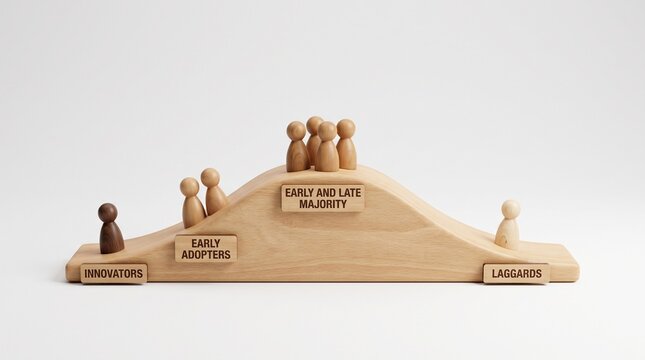 Wooden peg figures arranged on a bell curve model representing the technology adoption life cycle and diffusion of innovation concept, isolated on a white background