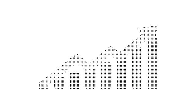 Bar chart with arrow showing growth and trend up with black dots pattern isolated on transparency grid background.
