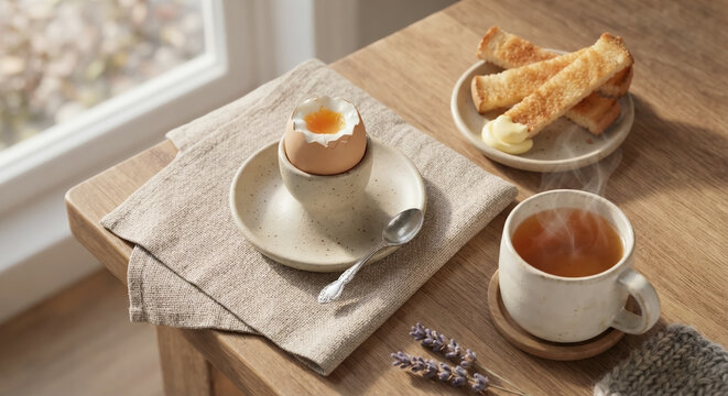 3D clay style render of soft boiled egg in egg cup and toasted bread soldiers for breakfast scene.