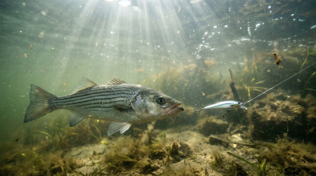 A striped bass swims underwater amidst aquatic plants and debris. Sunlight streams down from above, illuminating the murky depths and the fish's scales