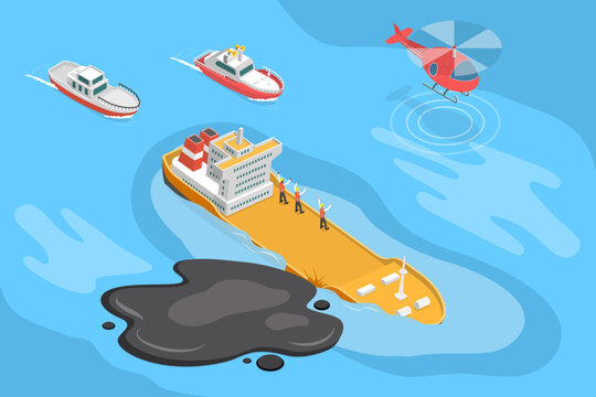 3D Isometric Flat Vector Illustration of Sinking Ship, Rescue Operation Underway For Oil Tanker Accident.