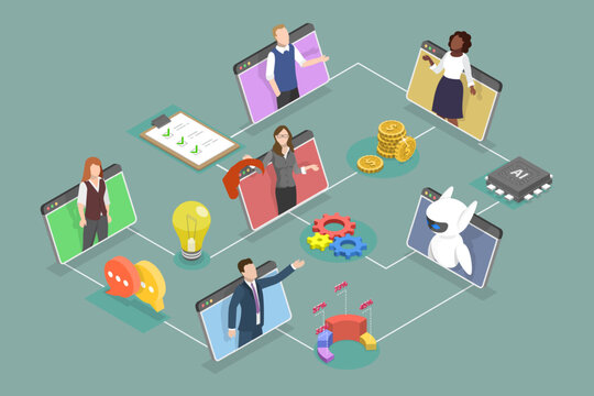 3D Isometric Flat Vector Illustration of Ai Workflow, Corporate Flowchart For Task Management With AI Business Innovation.