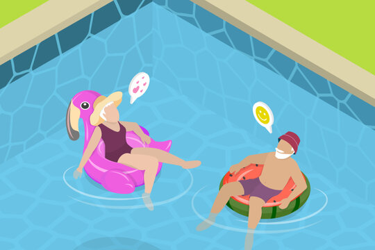 3D Isometric Flat Vector Illustration of Seniors Vacation, Retired Couple Enjoying Pool Time On Fun Inflatable Floats