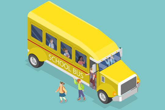 3D Isometric Flat Vector Illustration of School Bus, Young Boy And Girl Ride School Bus Home From School