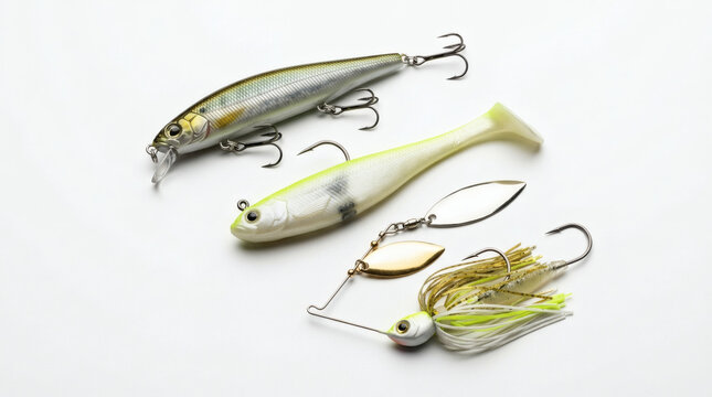 Three different fishing lures are artfully arranged on a plain background. Each lure is designed to attract different types of fish, showcasing the variety and intricacy of fishing tackle