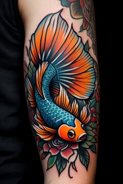 Vibrant Betta Fish Tattoo Design with Roses